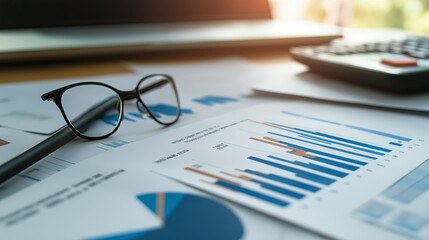 Financial data analysis with charts, graphs, and eyeglasses on a desk