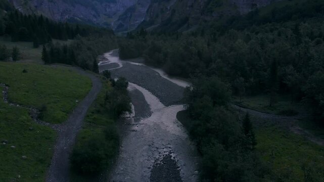 Le Giffre River in Sixt Fer A Cheval Nature Park, Summer Morning Walk in Nature park, french alps, France, 4k drone video