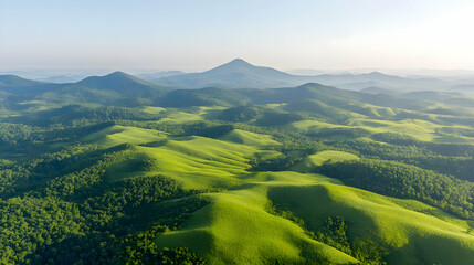 Naklejka premium Aerial view of rolling green hills and distant mountains at sunrise