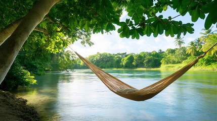 A serene green park with a hammock between trees, creating a peaceful setting by the riverbank for relaxation, surrounded by nature and fresh air.