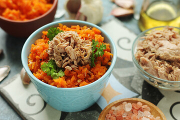 Houria, cooked carrot salad, a traditional dish of Tunisian cuisine	