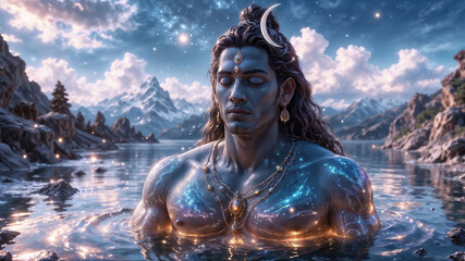 Lord Shiva with closed eyes is meditating in mystical lake, surrounded by snowy mountains and a starry sky. His has glowing blue skin shimmering with cosmic energy flows showing spiritual power