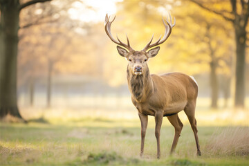 A majestic deer standing in a forest clearing bathed in the soft glow of golden sunlight. The warm autumn colors create a serene and calm atmosphere.