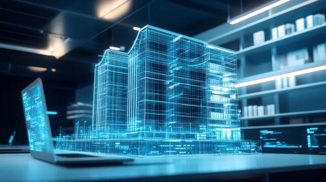 Digital architectural model of building displayed in office. Use in architectural software promotion