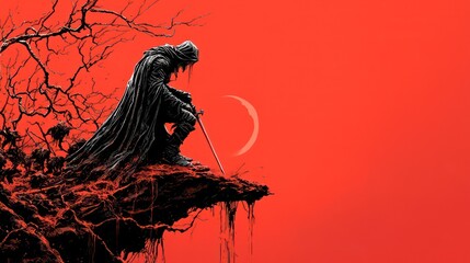 A cloaked figure sitting atop a cliff with a red sky background