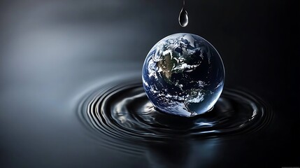 Earth planet with water drop falling on a rippled surface in a dark studio setting