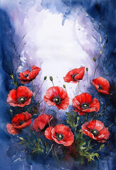 Indigo Watercolor Background With Striking Red Poppies , for Remembrance Day, Memorial Day, Anzac Day, Copy space
