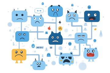 Obraz premium Playful abstract network of cartoonish blue emotional faces, illustrating feelings, moods, and psychological interactions in a creative digital design.