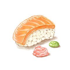 Salmon Sushi Hand Drawing Water Color Style Illustration Isolated Background