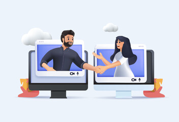 Businessmen handshake from laptop, communication 3D illustration. Collaboration and communication, corporate and cooperative business concept on white background. Living cartoon vector isolated