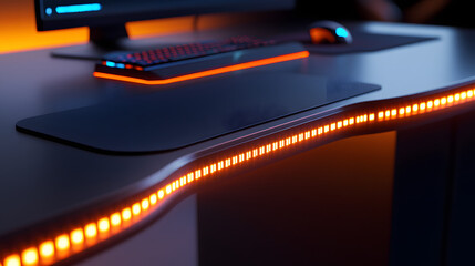 A custom-built gaming desk featuring hidden cable management integrated charging ports and under-desk RGB lighting.