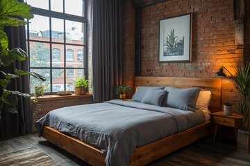  Private hostel room with modern design, queen-size bed with gray linens, exposed brick wall, large window with dark curtains, wooden side table, potted plant, vintage lamp.