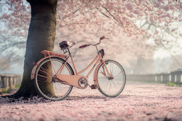 Naklejka premium Pink bicycle resting under cherry blossom trees on a serene spring day