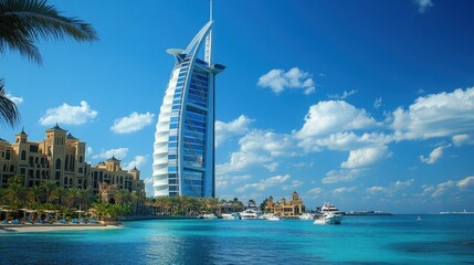Iconic burj al arab with luxury yachts and blue sky in dubai seascape