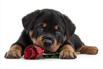 Obraz premium Adorable Rottweiler puppy lying on a white background with a red rose, looking sweet and innocent.