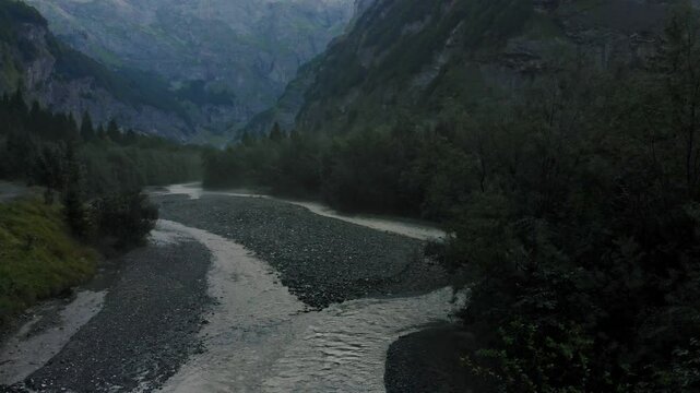 Le Giffre River in Sixt Fer A Cheval Nature Park, Summer Morning Walk in Nature park, french alps, France, 4k drone video