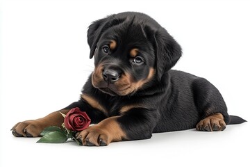 Fototapeta premium Adorable Rottweiler puppy lying down next to a red rose, looking sweet and gentle on a white background.