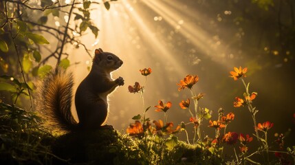 Cute squirrel in Spring field in forest.
