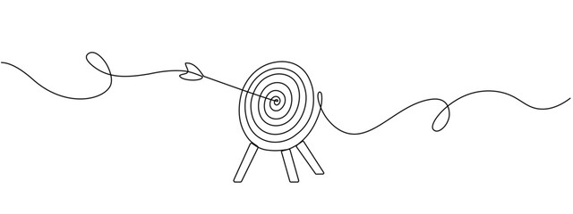 Continuous drawing of one edited target line in the center with an arrow. The arrow on in target circle is vector linear illustration. Business concept to achieve the goal.