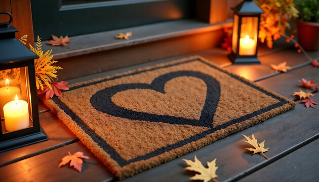 Rustic doormat with faded heart pattern on wooden porch, surrounded by autumn leaves and glowing lanterns