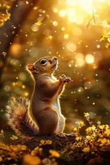 Cute squirrel in Spring field in forest.