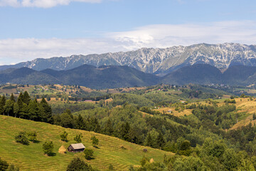 view of a mountain and forest during early spring.