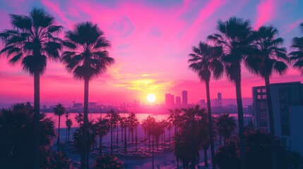 Vibrant sunset over urban landscape with palm trees and city skyline