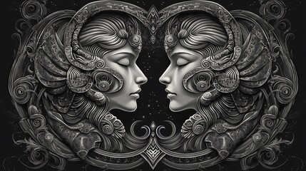 Fototapeta premium Two intricately carved female faces mirror each other with ornate details, showcasing elegance and depth in monochromatic colors