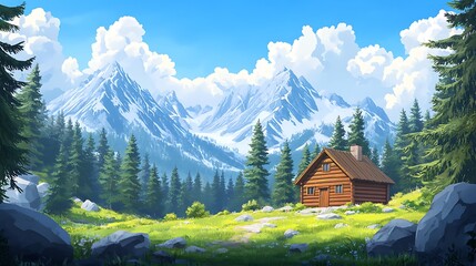 A cozy cabin nestled among mountains in the wilderness
