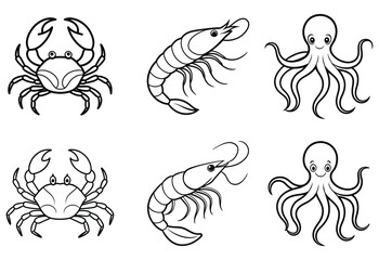 octopus, crab, lobster line art bundle on white background, lobster, crab, octopus.