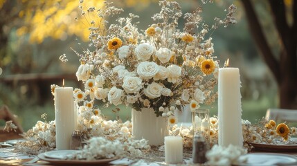 Elegant outdoor floral centerpiece with white roses and candles at sunset