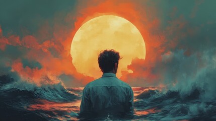 Obraz premium Young caucasian male facing fiery sun over stormy ocean at sunset