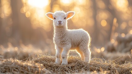 Fototapeta premium A young lamb stands on a haystack, bathed in warm sunlight, showcasing a serene rural ambiance and nature's beauty.