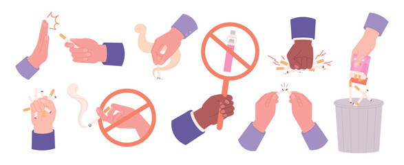 No smoking set. Human hands broking cigarettes, rejecting smoke. Anti tobacco gestures, reject bad habit. Throws away cigarette, no vaping, racy vector signs