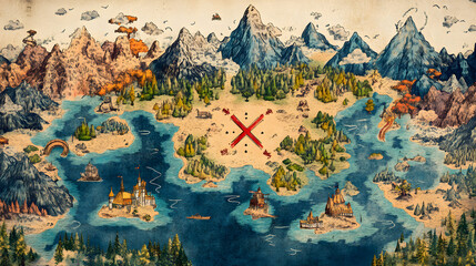 Fototapeta premium A fantasy island treasure map with colorful illustrations of forests mountains rivers and a giant X marking the spot.