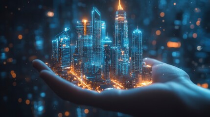 Hand holding glowing futuristic city model