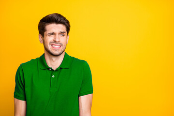 Close-up portrait of his he nice attractive sad uncertain puzzled guy wearing lilac shirt grimacing...