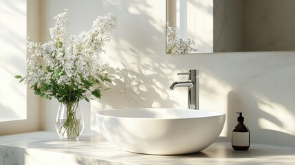 Fototapeta premium Modern minimalist bathroom with white sink and flower vase in natural light