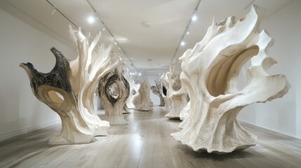 Obraz premium Contemporary art exhibit featuring abstract wooden sculptures in modern gallery space