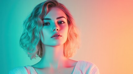 Fototapeta premium Stunning Portrait of a Young Woman with Vibrant Lighting Effects