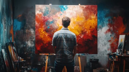 Caucasian male artist painting abstract art in studio, young adult facing canvas