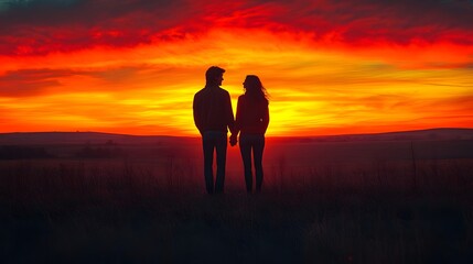 A wide shot of a couple standing on a hilltop, silhouetted against a vibrant sunset