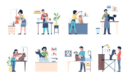 Groomers working. Pet service, groomer bathing, cutting and blowing different dogs. Work process in animal haircut salon, puppy hygiene recent vector scenes