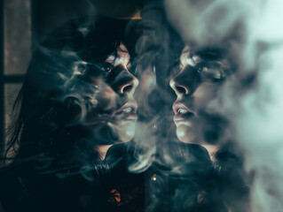 Reflection of a woman covered in smoke