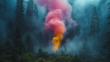 colored smoke in the forest
