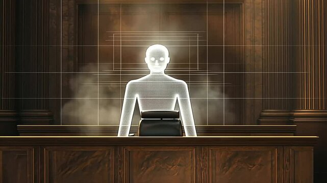 1_Futuristic courtroom with AI judge hologram presiding over case