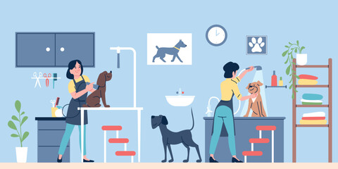 Pet salon. Beauty salon for dogs with professional groomers. Groomer wash, bathing cutting dog. Animal care and hygiene, trimming recent vector scene