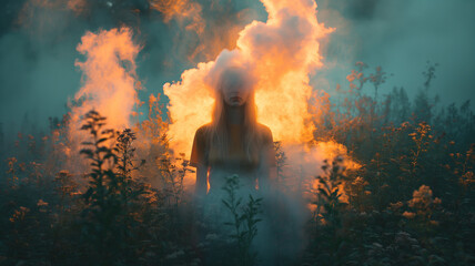 Girl standing in a field covered in sunlight and smoke