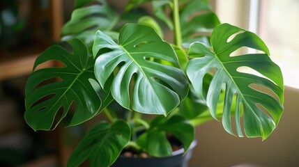 Lush green monstera plant with sunlit leaves in indoor setting