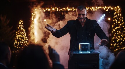 Magician performing illusion with smoke and lights on stage